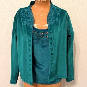 2 VINTAGE 90s Together Teal Velvet Blouses Lace Cutouts Cottage Y2K Vintage